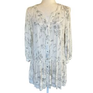 Ellison Dress Gray White Garden Print M Tunic Feminine Romantic Sheer Flouncy